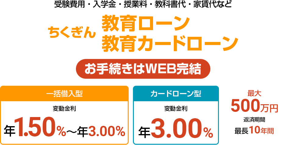 受験費用・入学金・授業料・教科書代・家賃代など ちくぎん 教育ローン 教育カードローン お手続きはWEB完結 一括借入型 カードローン型 最大500万円 返済期間 最長10年間