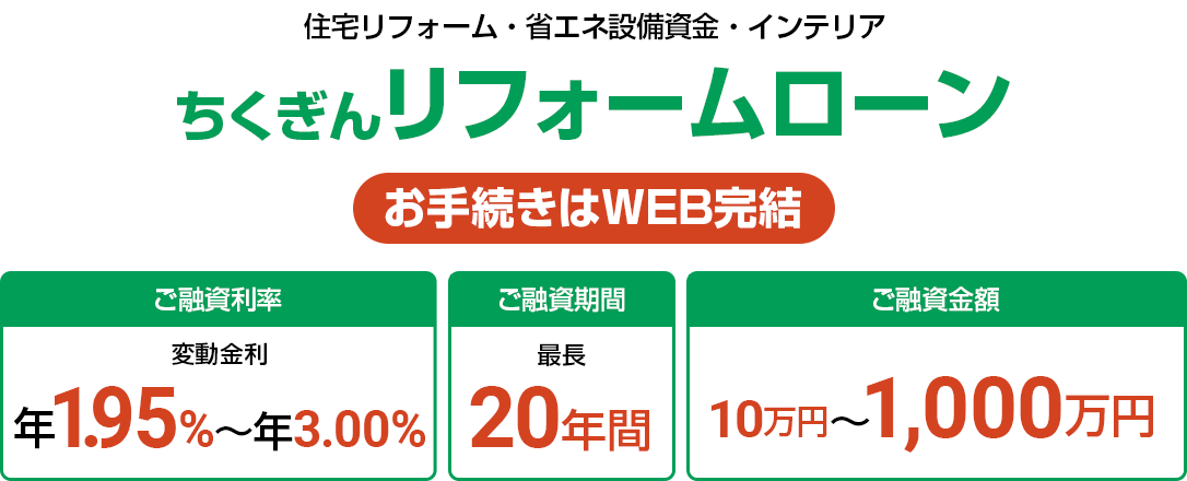 住宅リフォーム・省エネ設備資金・インテリア ちくぎん リフォームローン お手続きはWEB完結 ご融資期間 最長20年間 ご融資金額 10万円〜1,000万円
