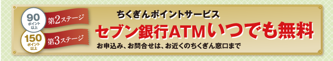 ちくぎんポイントサービス「セブン銀行ATMいつでも無料」。お申込み、お問合せは、お近くのちくぎん窓口まで。