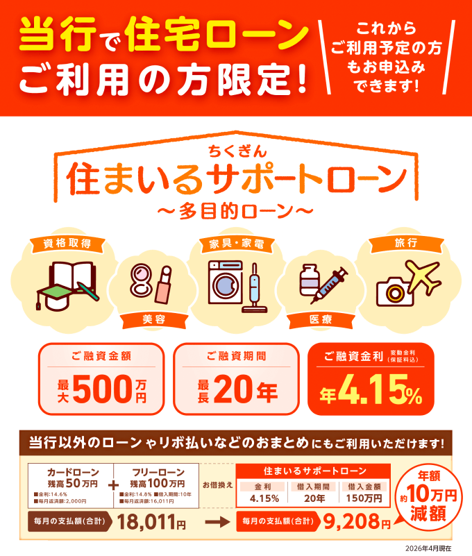 ちくぎん住まいるサポートローン〜多目的ローン〜　筑邦銀行で住宅ローンをご利用の方、またはご利用予定の方限定の多目的ローンです。