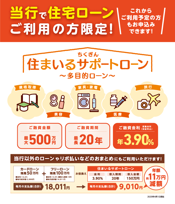 ちくぎん住まいるサポートローン〜多目的ローン〜　筑邦銀行で住宅ローンをご利用の方、またはご利用予定の方限定の多目的ローンです。