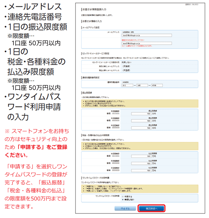 メールアドレス、連絡先電話番号、１日の振込限度額（限度額…1口座50万円以内）、１日の税金・各種料金の払い込み限度額（限度額…1口座50万円以内）、ワンタイムパスワード利用申請の入力