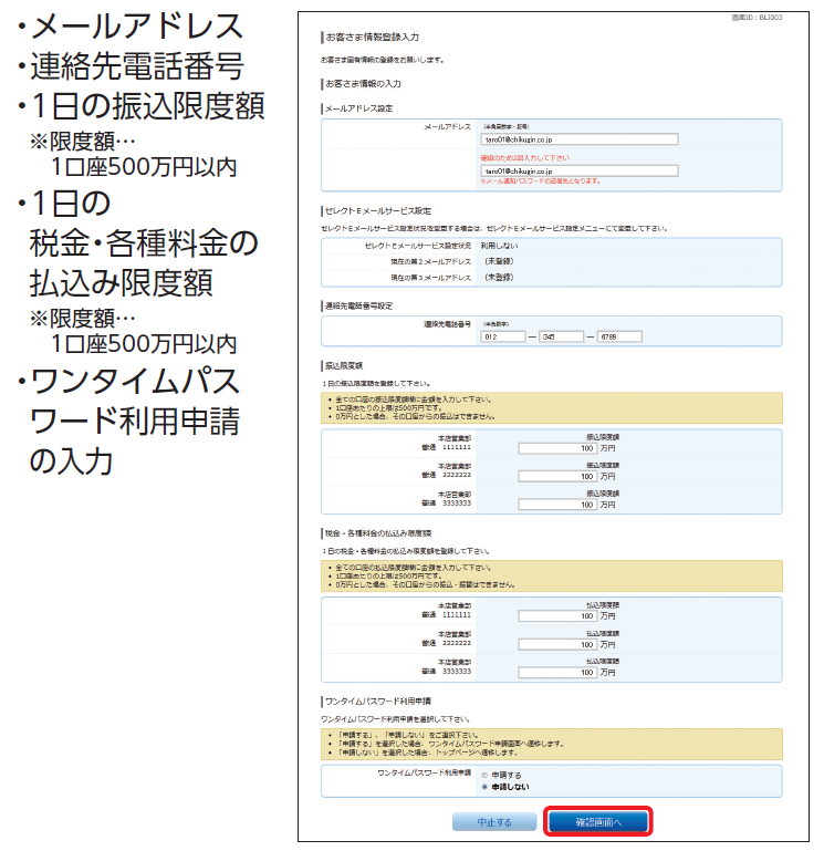 メールアドレス、連絡先電話番号、１日の振込限度額、１日の税金・各種料金の払い込み限度額、ワンタイムパスワード利用申請の入力